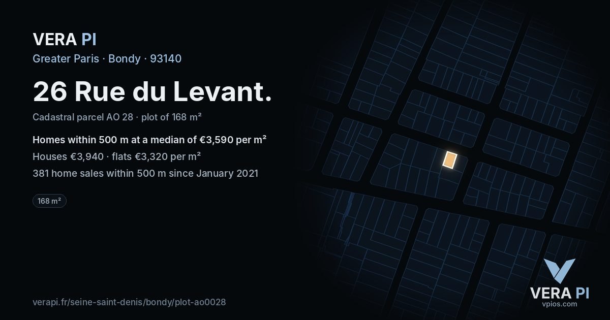 26 Rue du Levant, Bondy at night – the plot lit, the parcels around coloured by the prices near them