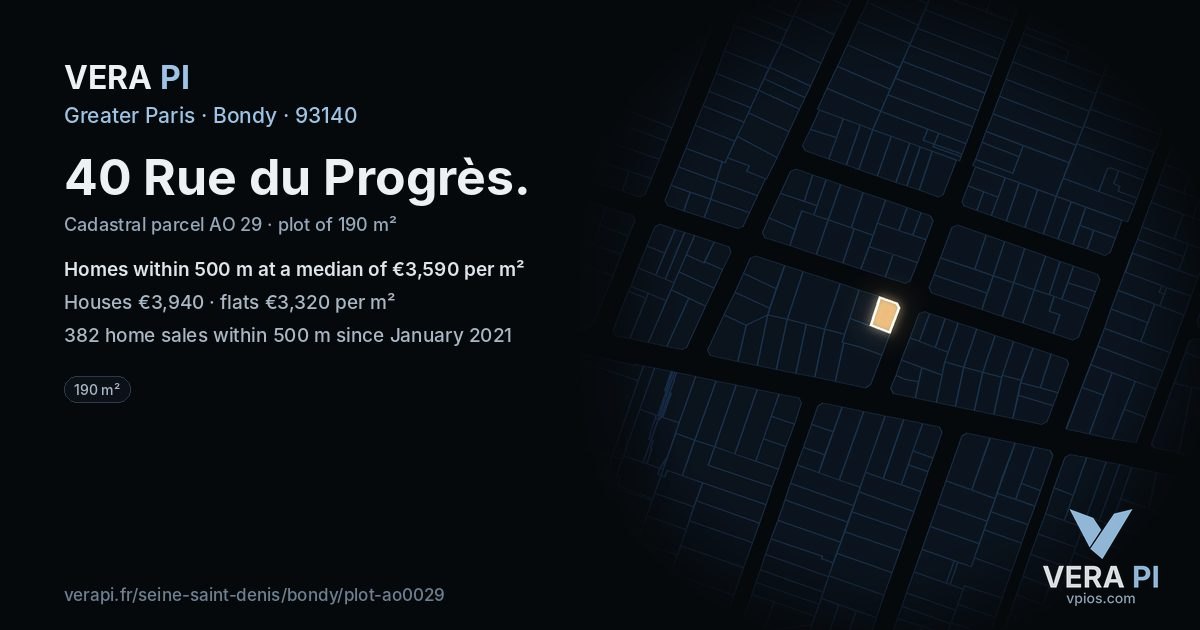 40 Rue du Progrès, Bondy at night – the plot lit, the parcels around coloured by the prices near them