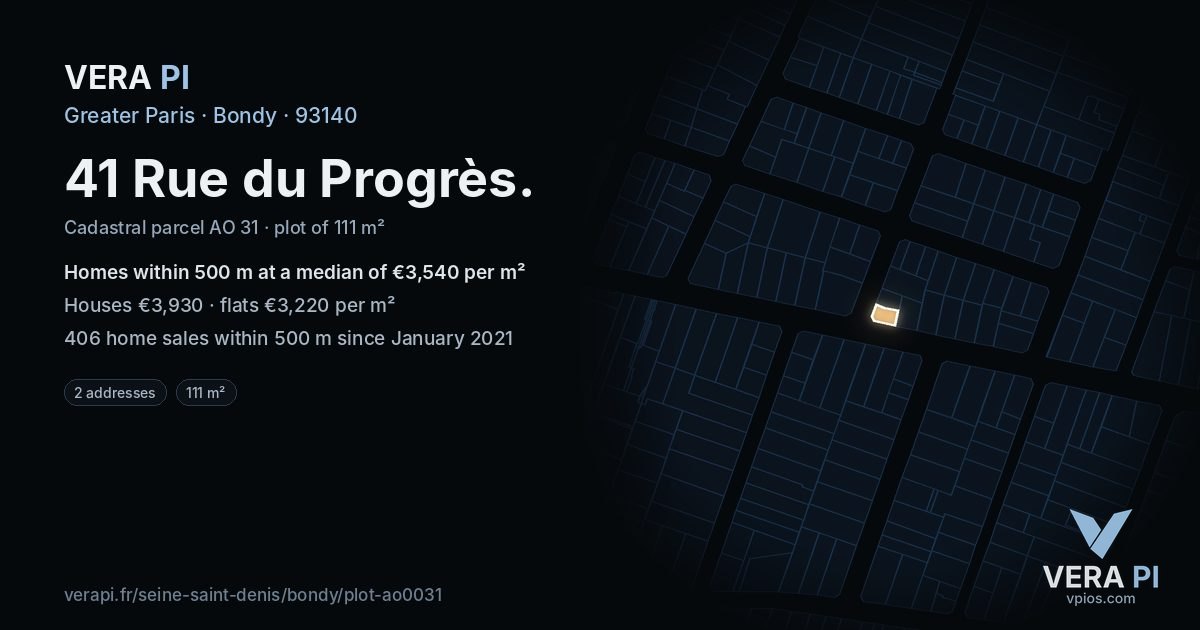 41 Rue du Progrès, Bondy at night – the plot lit, the parcels around coloured by the prices near them