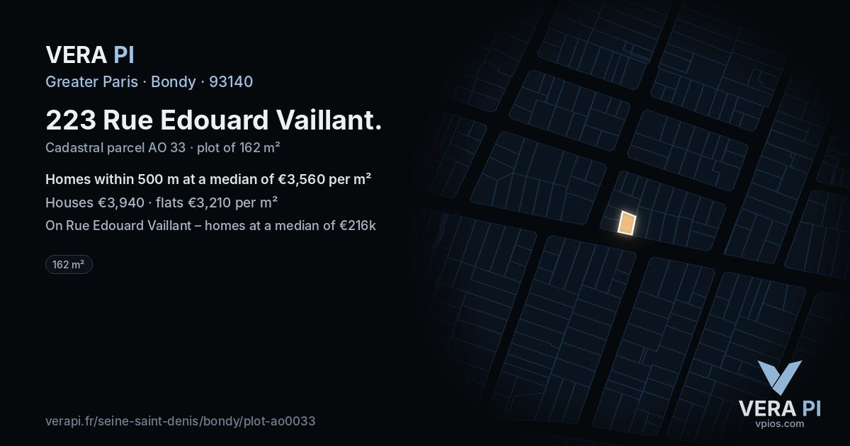 223 Rue Edouard Vaillant, Bondy at night – the plot lit, the parcels around coloured by the prices near them