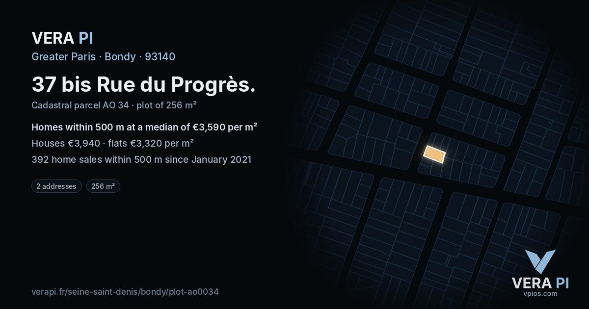 37 bis Rue du Progrès, Bondy at night – the plot lit, the parcels around coloured by the prices near them