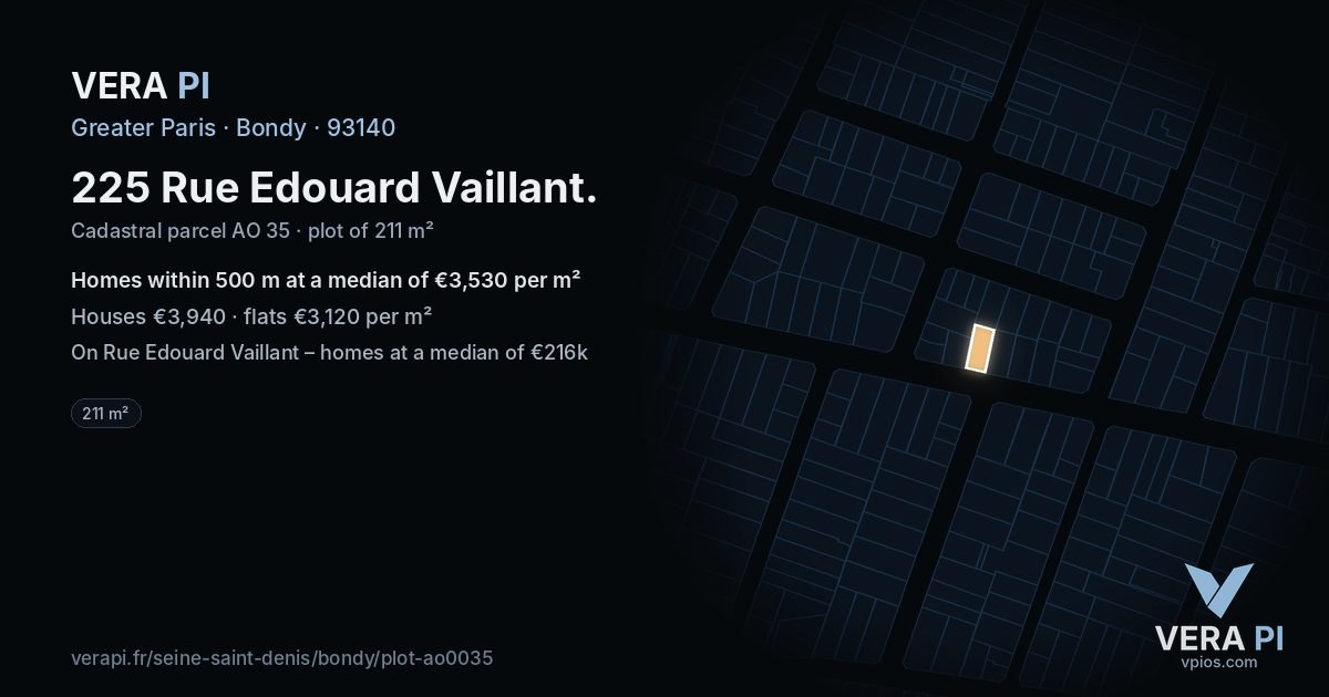 225 Rue Edouard Vaillant, Bondy at night – the plot lit, the parcels around coloured by the prices near them