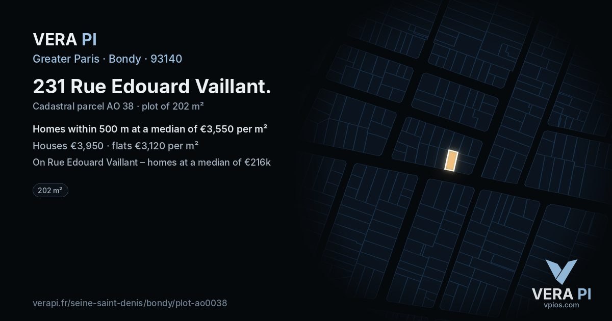 231 Rue Edouard Vaillant, Bondy at night – the plot lit, the parcels around coloured by the prices near them
