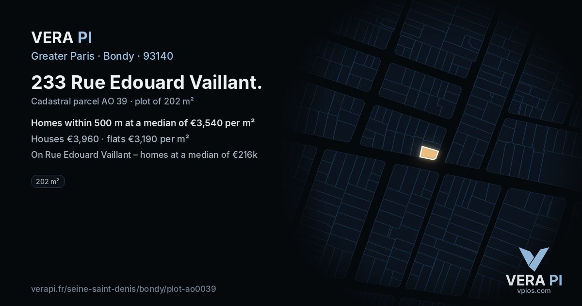 233 Rue Edouard Vaillant, Bondy at night – the plot lit, the parcels around coloured by the prices near them