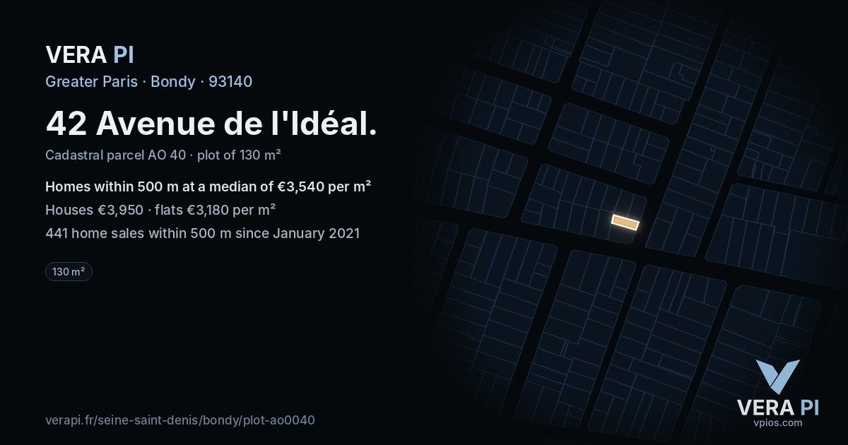 42 Avenue de l'Idéal, Bondy at night – the plot lit, the parcels around coloured by the prices near them