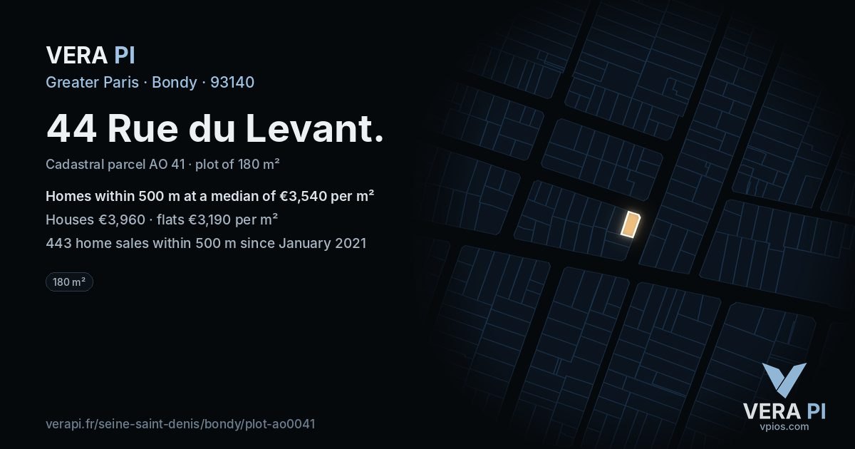 44 Rue du Levant, Bondy at night – the plot lit, the parcels around coloured by the prices near them
