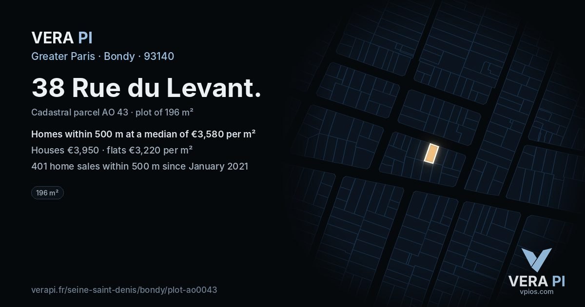 38 Rue du Levant, Bondy at night – the plot lit, the parcels around coloured by the prices near them