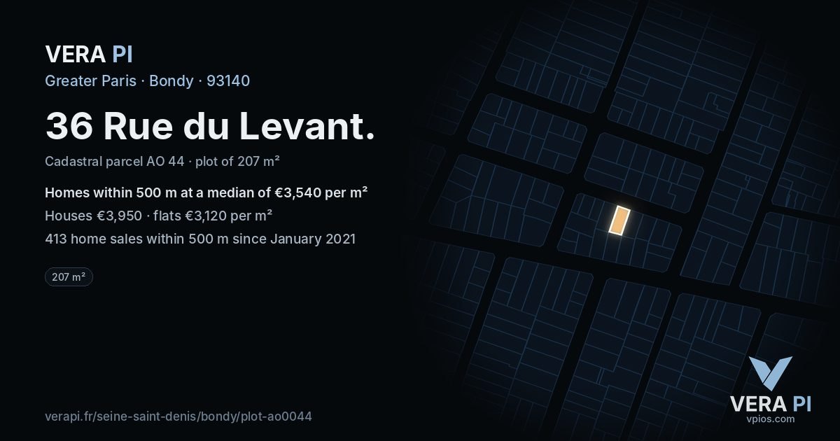 36 Rue du Levant, Bondy at night – the plot lit, the parcels around coloured by the prices near them