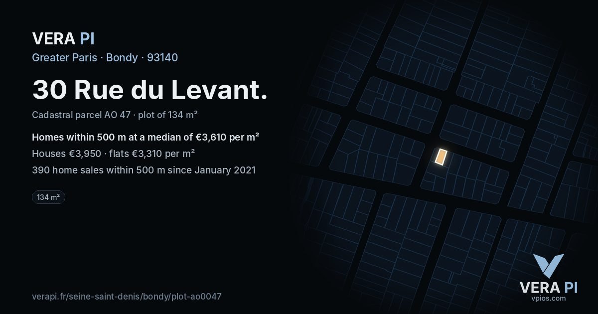 30 Rue du Levant, Bondy at night – the plot lit, the parcels around coloured by the prices near them