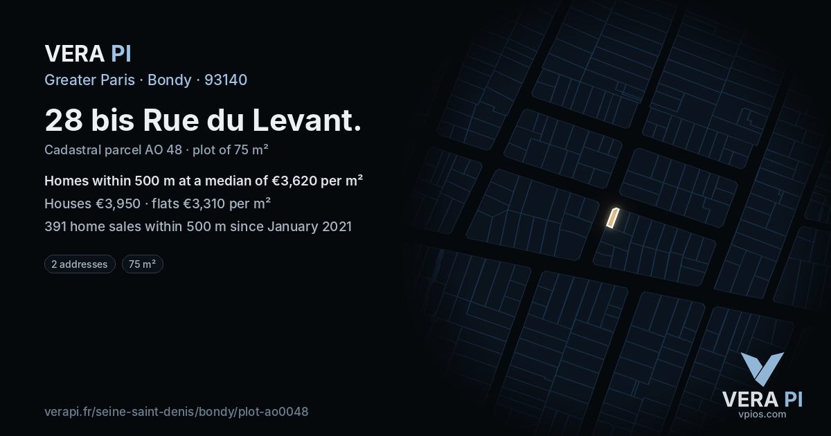 28 bis Rue du Levant, Bondy at night – the plot lit, the parcels around coloured by the prices near them