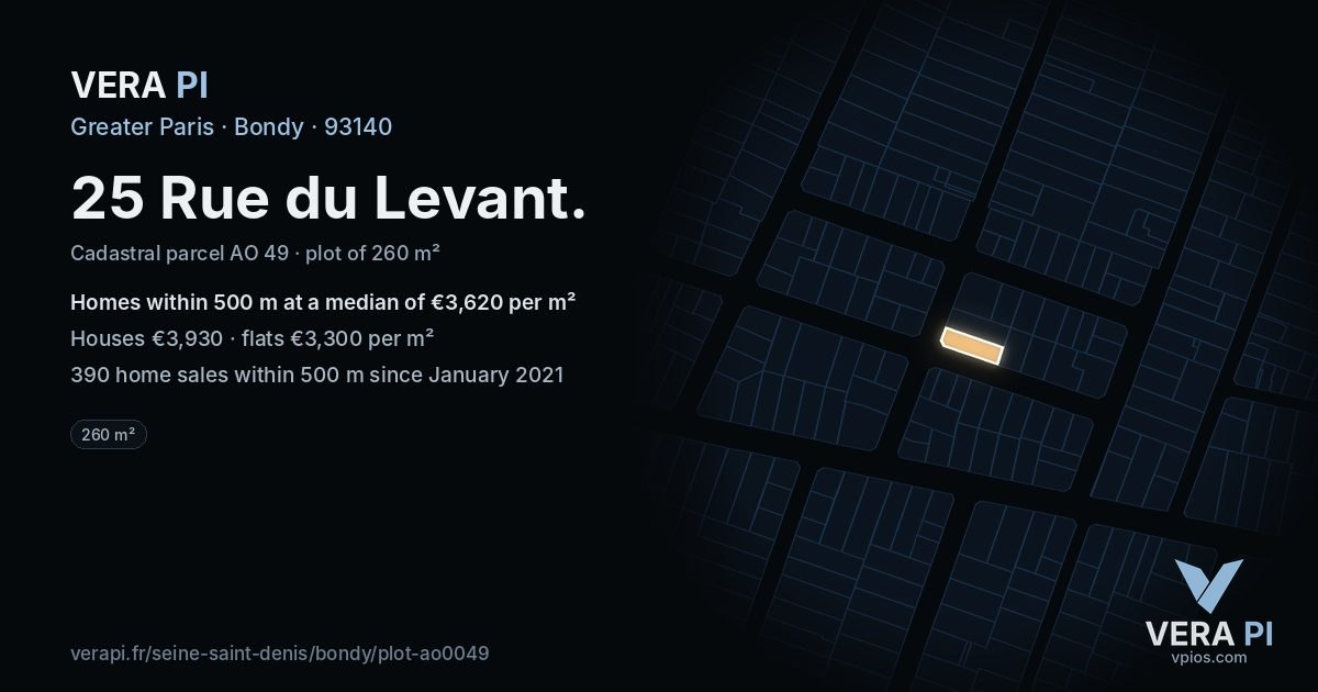 25 Rue du Levant, Bondy at night – the plot lit, the parcels around coloured by the prices near them