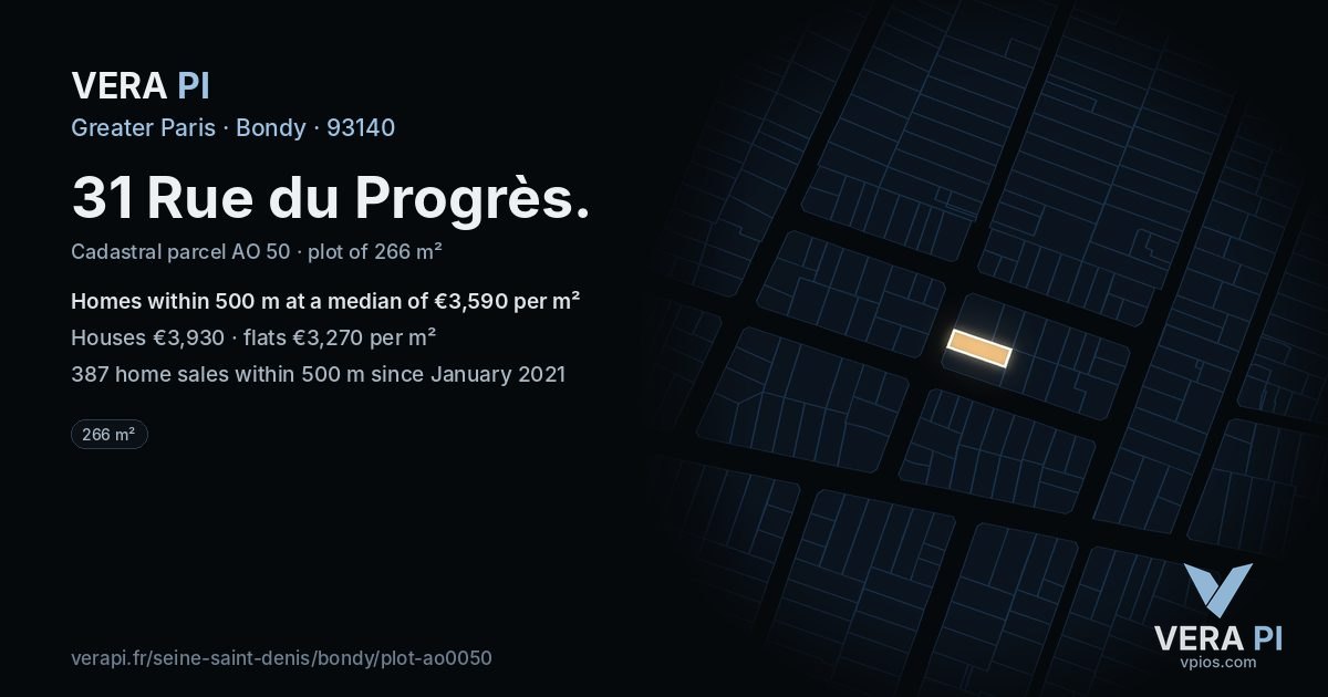 31 Rue du Progrès, Bondy at night – the plot lit, the parcels around coloured by the prices near them