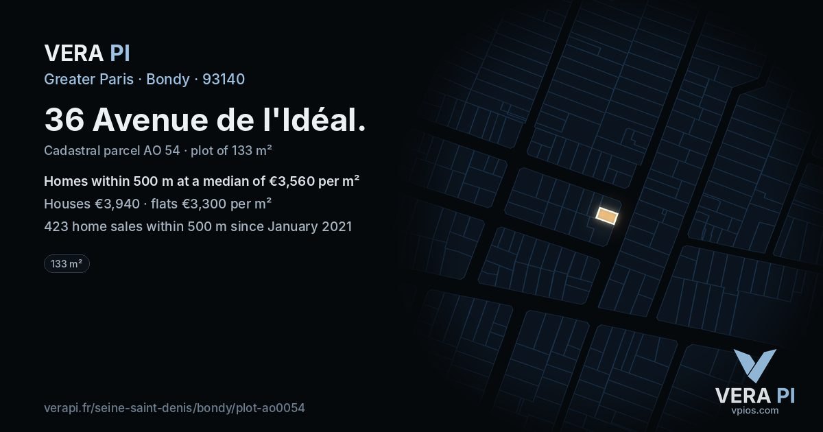 36 Avenue de l'Idéal, Bondy at night – the plot lit, the parcels around coloured by the prices near them