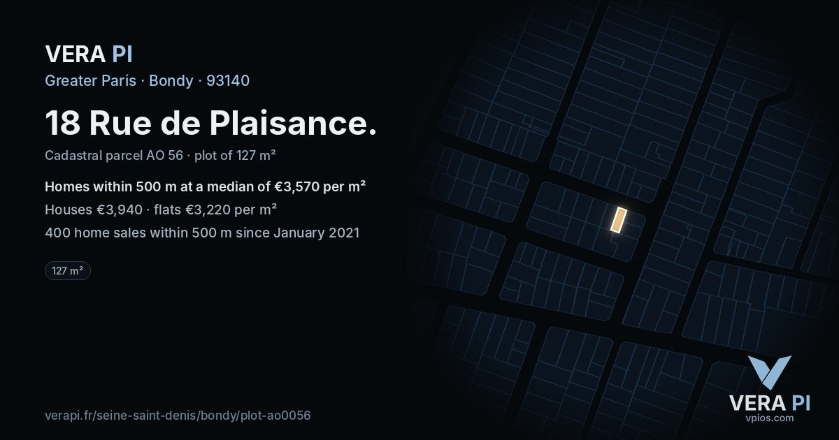 18 Rue de Plaisance, Bondy at night – the plot lit, the parcels around coloured by the prices near them
