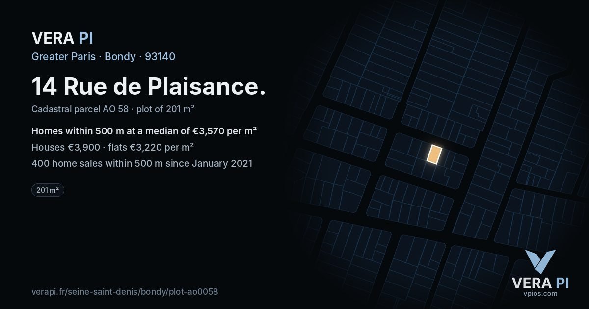 14 Rue de Plaisance, Bondy at night – the plot lit, the parcels around coloured by the prices near them