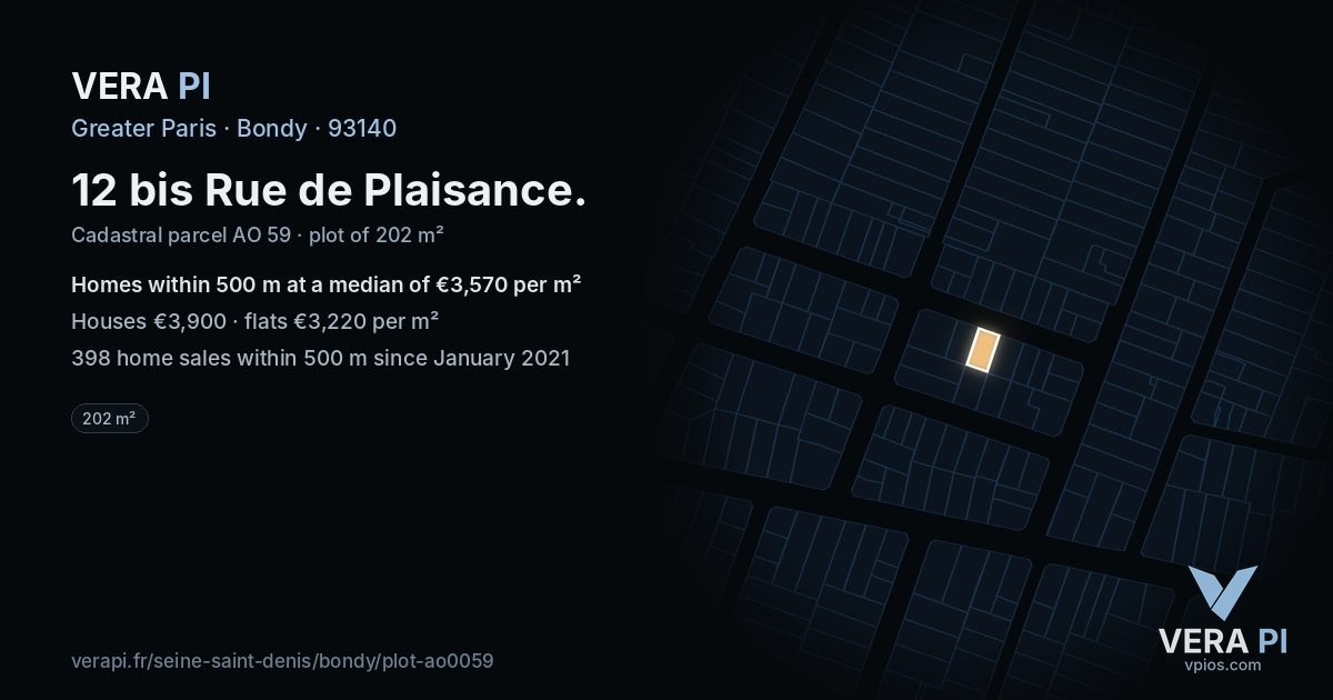 12 bis Rue de Plaisance, Bondy at night – the plot lit, the parcels around coloured by the prices near them