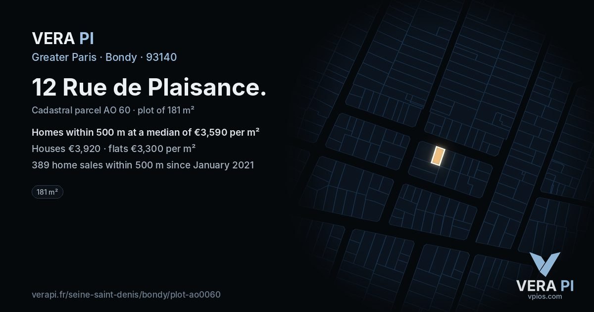 12 Rue de Plaisance, Bondy at night – the plot lit, the parcels around coloured by the prices near them