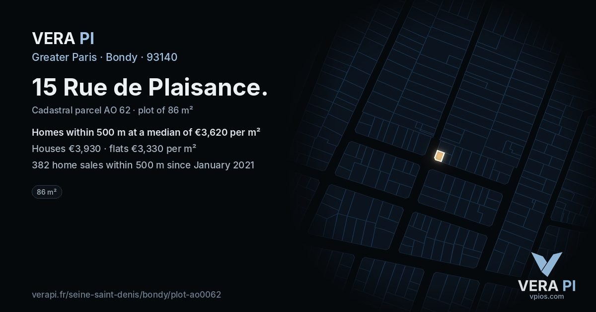 15 Rue de Plaisance, Bondy at night – the plot lit, the parcels around coloured by the prices near them