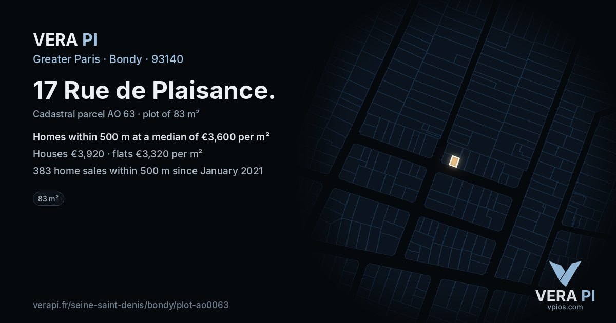 17 Rue de Plaisance, Bondy at night – the plot lit, the parcels around coloured by the prices near them