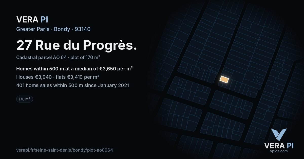 27 Rue du Progrès, Bondy at night – the plot lit, the parcels around coloured by the prices near them