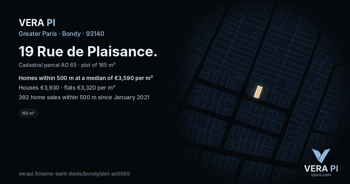 19 Rue de Plaisance, Bondy at night – the plot lit, the parcels around coloured by the prices near them