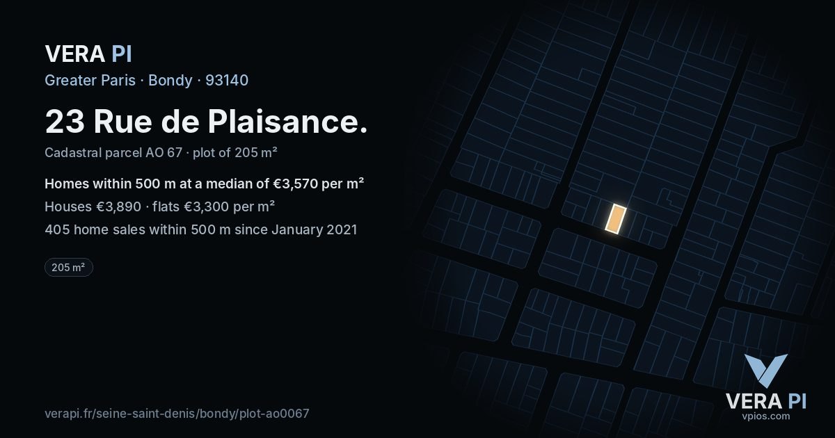 23 Rue de Plaisance, Bondy at night – the plot lit, the parcels around coloured by the prices near them