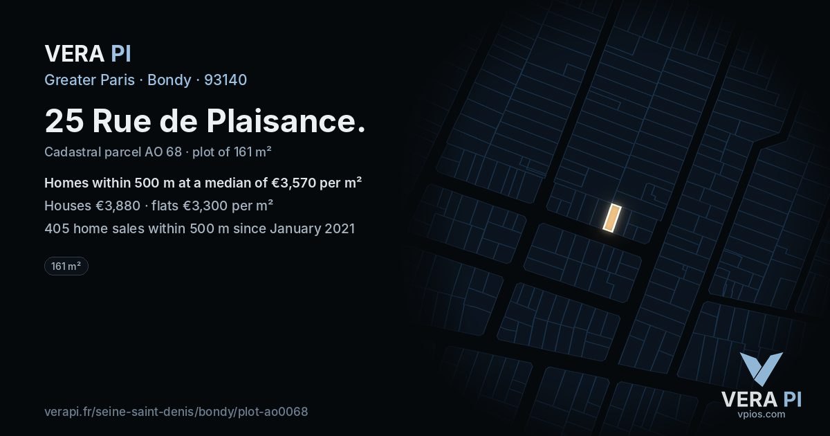 25 Rue de Plaisance, Bondy at night – the plot lit, the parcels around coloured by the prices near them