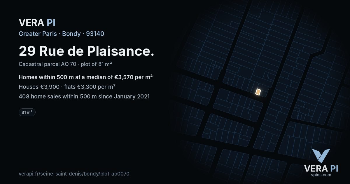 29 Rue de Plaisance, Bondy at night – the plot lit, the parcels around coloured by the prices near them