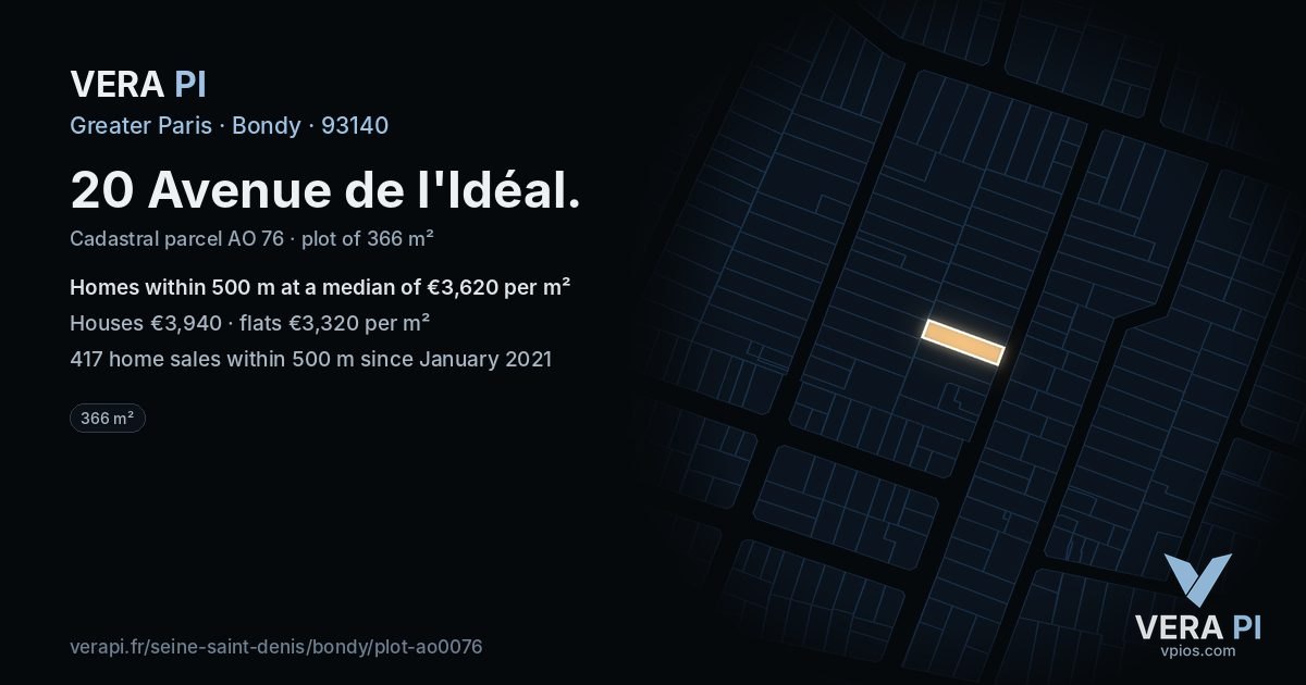 20 Avenue de l'Idéal, Bondy at night – the plot lit, the parcels around coloured by the prices near them