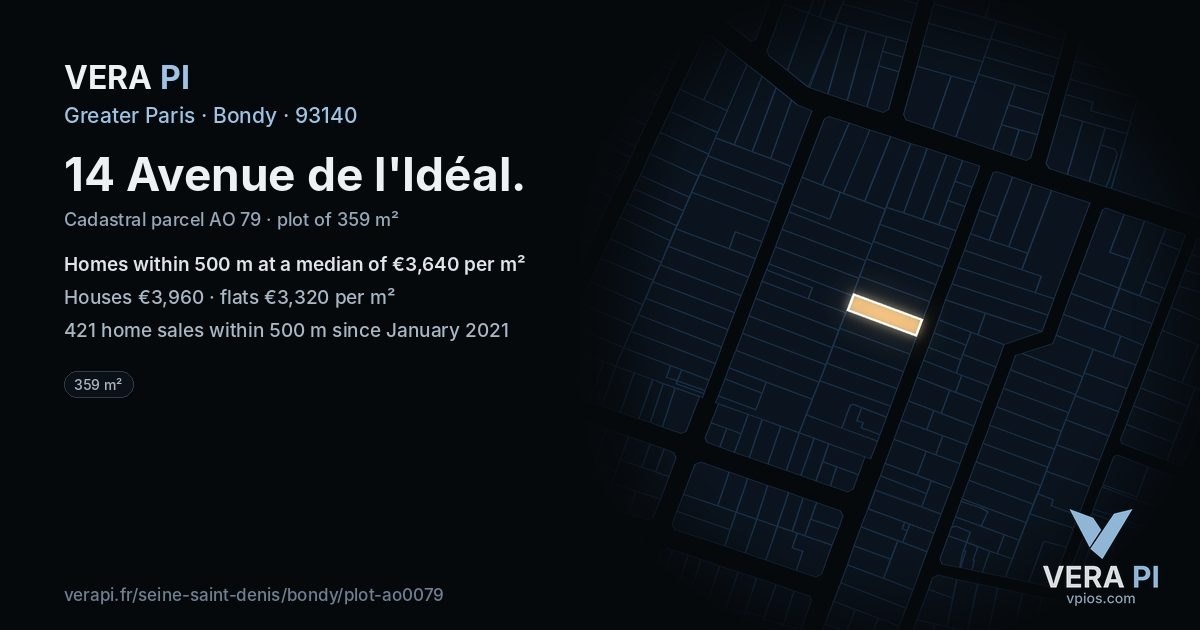 14 Avenue de l'Idéal, Bondy at night – the plot lit, the parcels around coloured by the prices near them