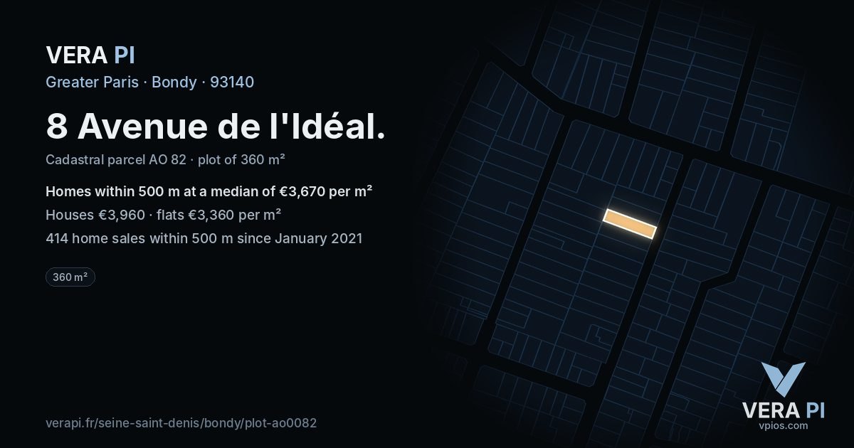 8 Avenue de l'Idéal, Bondy at night – the plot lit, the parcels around coloured by the prices near them