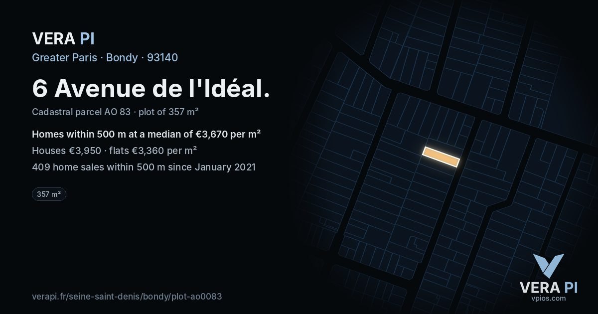 6 Avenue de l'Idéal, Bondy at night – the plot lit, the parcels around coloured by the prices near them