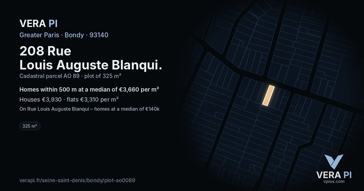 208 Rue Louis Auguste Blanqui, Bondy at night – the plot lit, the parcels around coloured by the prices near them