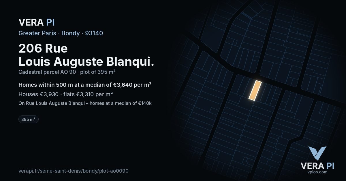 206 Rue Louis Auguste Blanqui, Bondy at night – the plot lit, the parcels around coloured by the prices near them