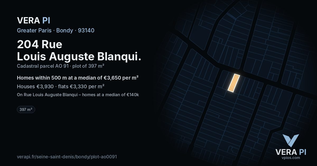 204 Rue Louis Auguste Blanqui, Bondy at night – the plot lit, the parcels around coloured by the prices near them
