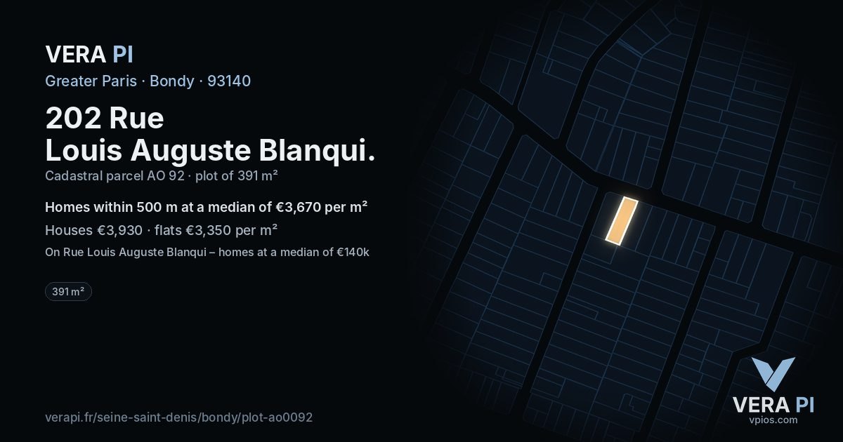 202 Rue Louis Auguste Blanqui, Bondy at night – the plot lit, the parcels around coloured by the prices near them