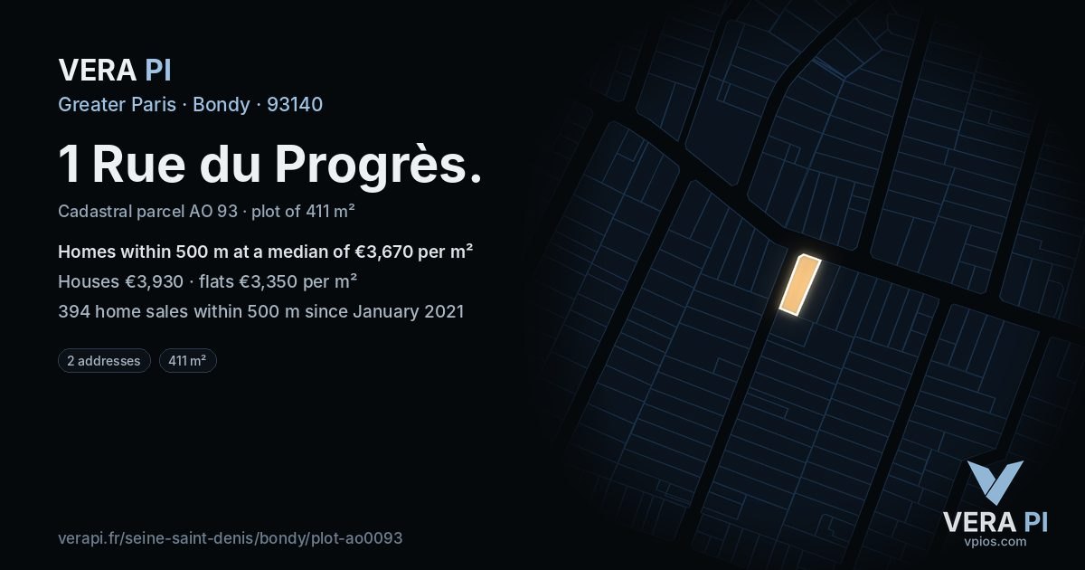 1 Rue du Progrès, Bondy at night – the plot lit, the parcels around coloured by the prices near them