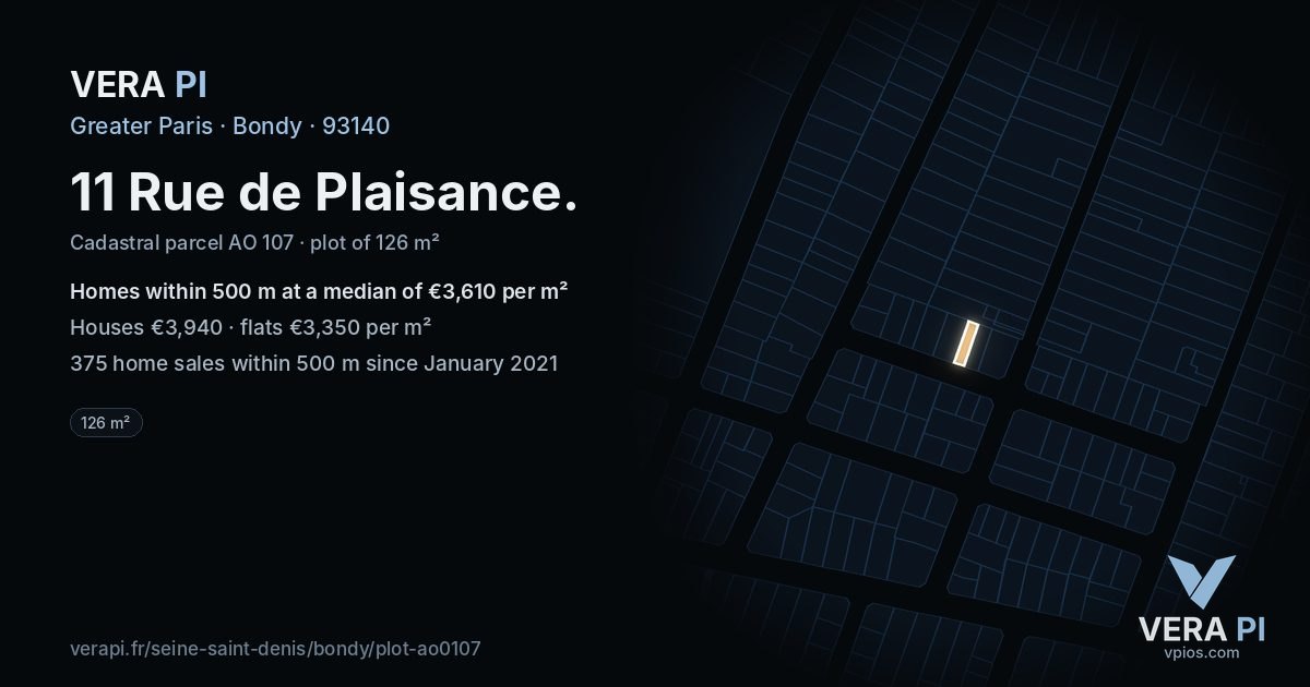 11 Rue de Plaisance, Bondy at night – the plot lit, the parcels around coloured by the prices near them