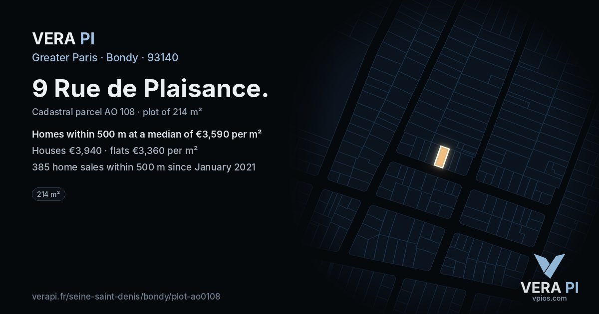 9 Rue de Plaisance, Bondy at night – the plot lit, the parcels around coloured by the prices near them