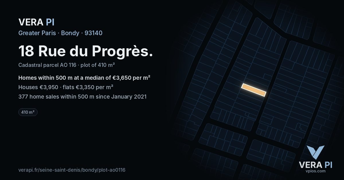 18 Rue du Progrès, Bondy at night – the plot lit, the parcels around coloured by the prices near them