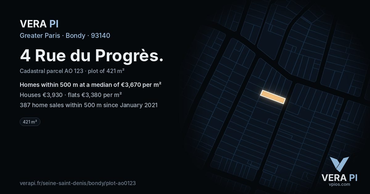 4 Rue du Progrès, Bondy at night – the plot lit, the parcels around coloured by the prices near them