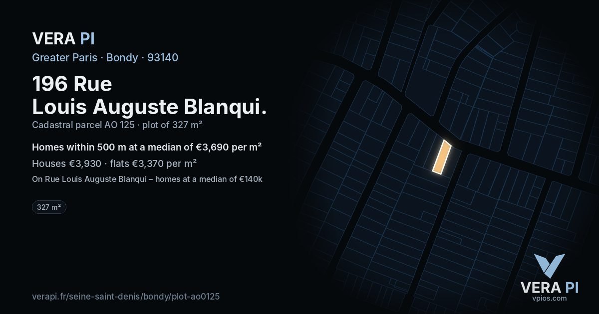 196 Rue Louis Auguste Blanqui, Bondy at night – the plot lit, the parcels around coloured by the prices near them