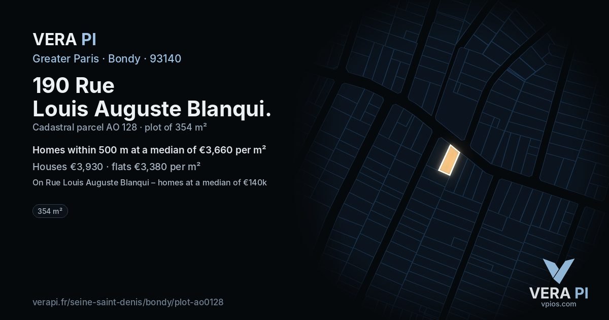 190 Rue Louis Auguste Blanqui, Bondy at night – the plot lit, the parcels around coloured by the prices near them