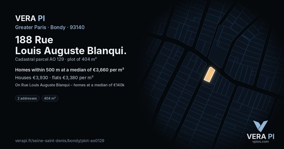 188 Rue Louis Auguste Blanqui, Bondy at night – the plot lit, the parcels around coloured by the prices near them