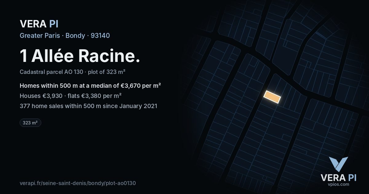 1 Allée Racine, Bondy at night – the plot lit, the parcels around coloured by the prices near them