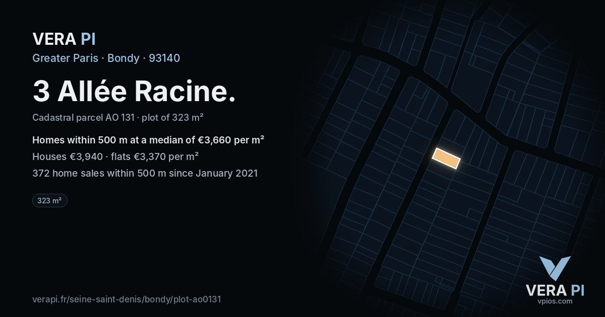 3 Allée Racine, Bondy at night – the plot lit, the parcels around coloured by the prices near them