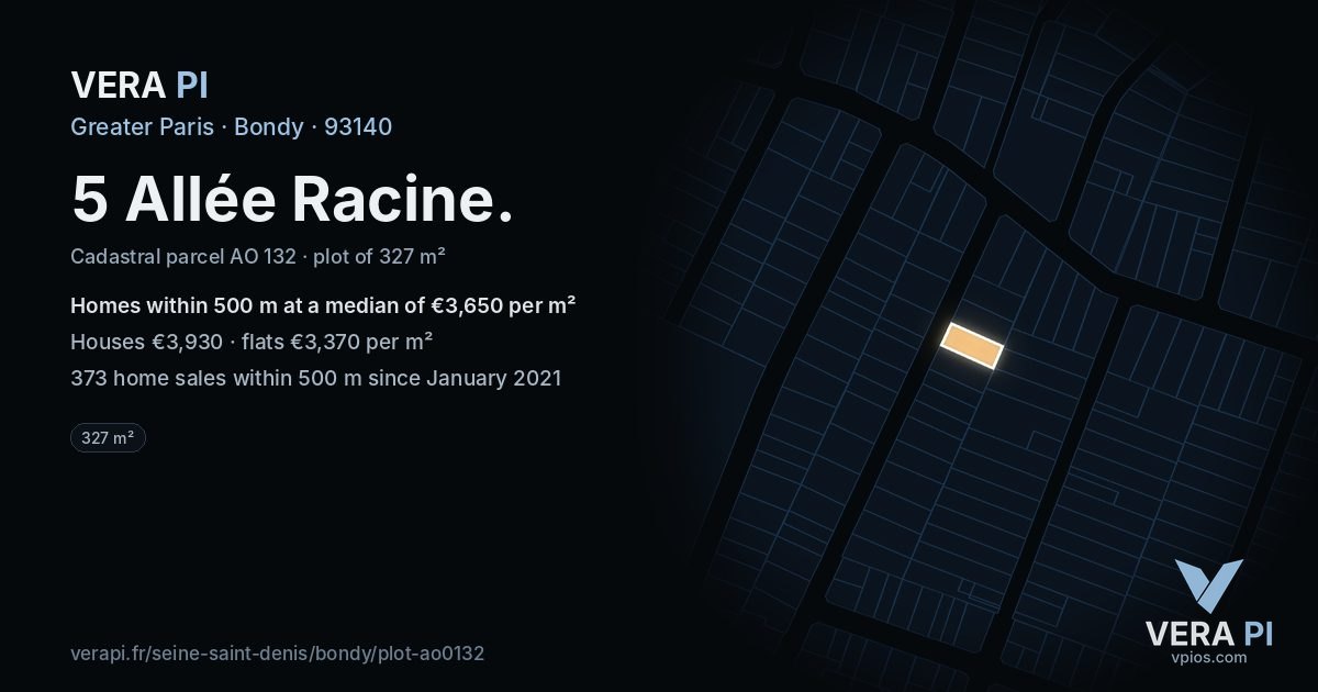 5 Allée Racine, Bondy at night – the plot lit, the parcels around coloured by the prices near them