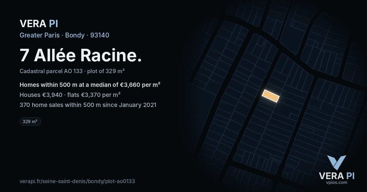 7 Allée Racine, Bondy at night – the plot lit, the parcels around coloured by the prices near them