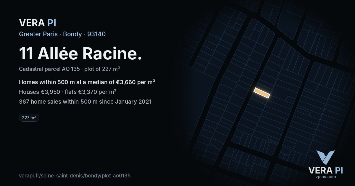 11 Allée Racine, Bondy at night – the plot lit, the parcels around coloured by the prices near them