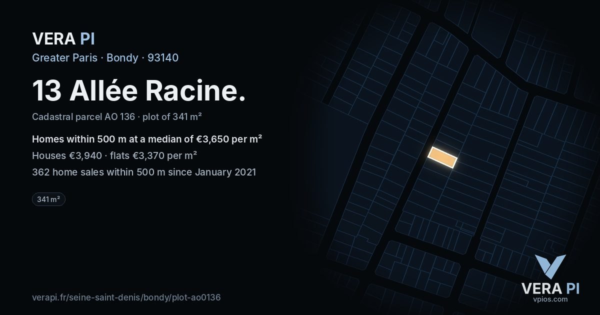 13 Allée Racine, Bondy at night – the plot lit, the parcels around coloured by the prices near them